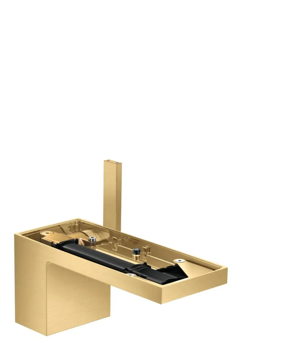 Waschtischmischer in gebürsteter Gold-Optik von AXOR, ausgestattet mit einem Push-Open Ablauf und ohne obere Platte, zeigt eine klare, minimalistische Designform.